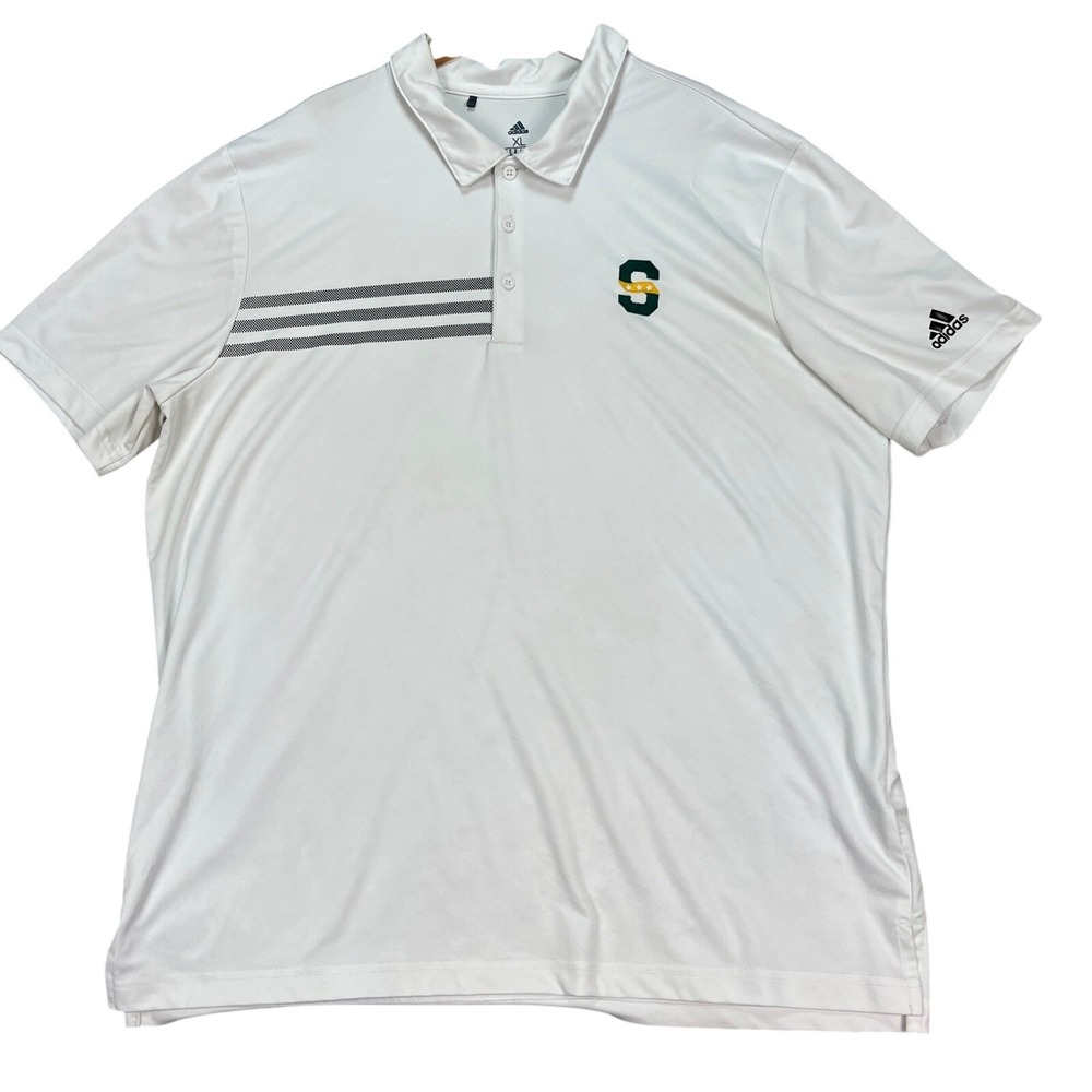 Adidas Polo Shirt Men XL White Short Sleeve Golf Performance 3 Stripe LOGO